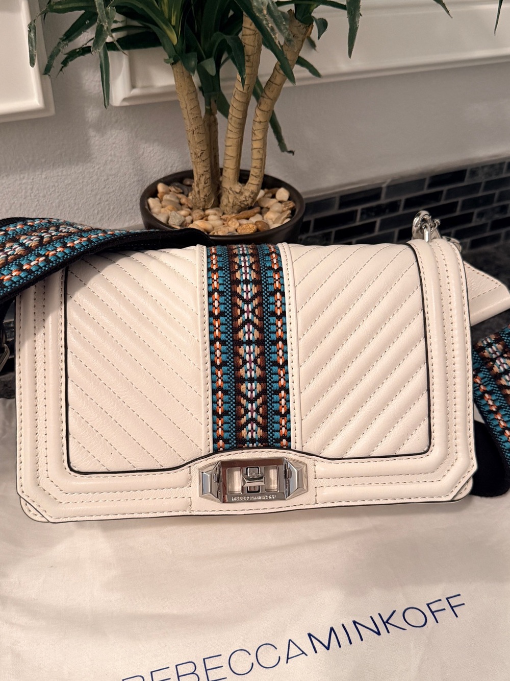 Rebecca Minkoff White Quilted Crossbody with Blue & Tan Woven Stripe